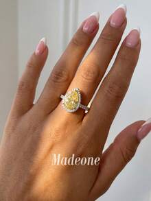 MADEONE 1pc Sparkling Zirconia Pear-Shaped Fully Pave Diamond Ring, Women's Engagement Wedding Party Daily Wear Anniversary Jewelry Gift - Teardrop Diamond  Ring - View 3