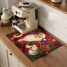 1pc Christmas Series Santa Claus Pattern Printed Coffee Bar Mat, Drainage Mat, Soft Bottom Diatomaceous Earth Coffee Machine Drainage Mat, Soft Rubber Drainage Mat, Super Absorbent Wear-Resistant Dish Drying Mat, For Countertop Restaurant Kitchen Table Mat, Patio Dining Table Decor, Home Kitchen Supplies, Countertop Decor Mat - Multicolor - View 5