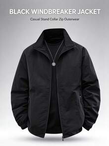 Jaket Olahraga Tipis Pria untuk Musim Semi/Gugur, Kerah Tegak, Warna Polos, Kaos Olahraga Kasual - Hitam - View 9
