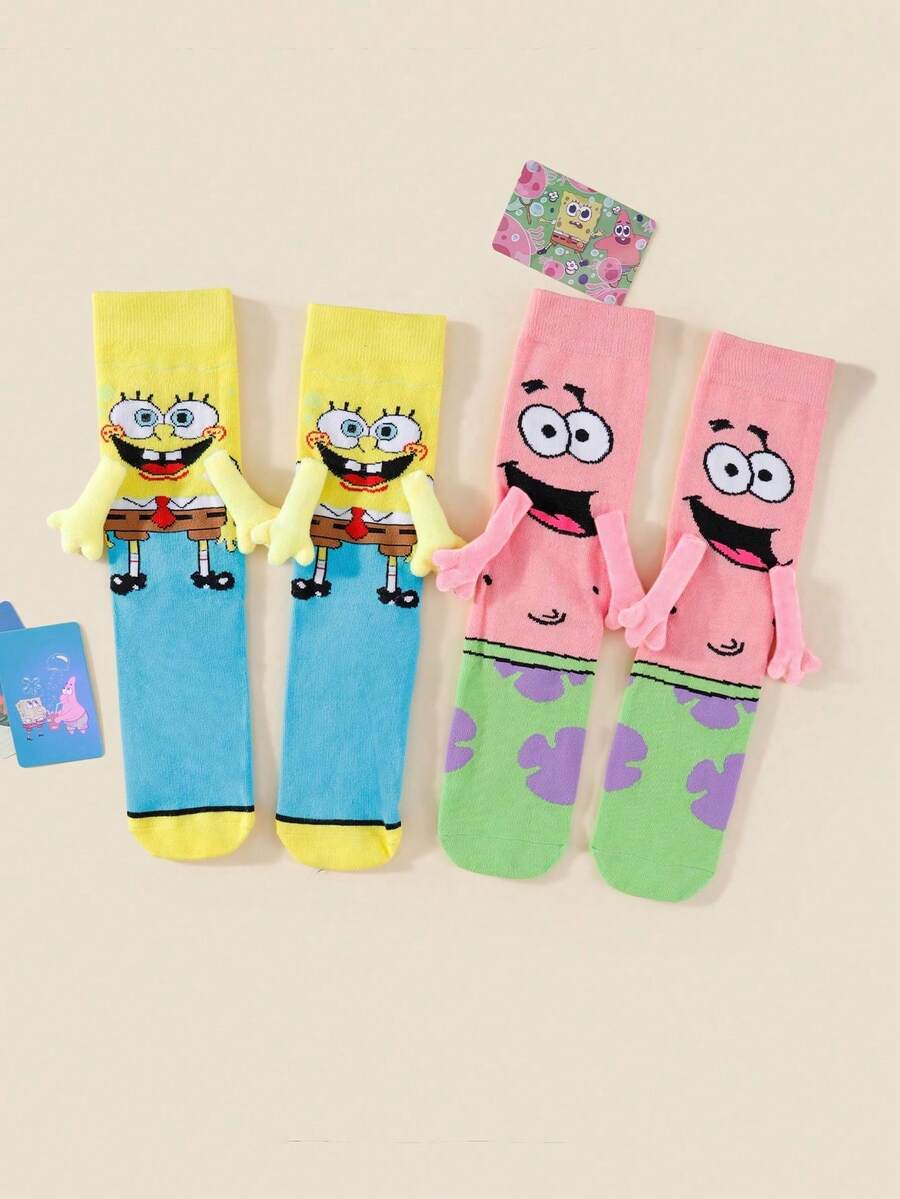 SpongeBob SquarePants 1/2 Pairs New Cute Cartoon Unique Design Magnetic Couple/Best Friend Socks, Japanese/Korean Style Mid-Calf Socks, Spring/Autumn - Multicolor - View 1