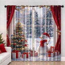 2Pcs Christmas Snowman Tree Curtains, Rod Pocket Design, 2D Flat Print Winter Snow Scene Christmas Tree Gift Box Pattern, Light Filtering Drapes, Xmas Holiday Window Decor For Living Room Bedroom - Multicolor - View 7