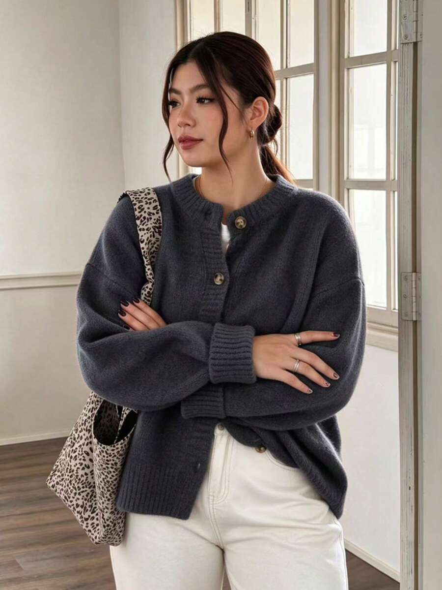 Deep Grey Plus Size Round Neck Drop Shoulder Long Sleeve Front Button Knit Cardigan, Warm And Knitwear Jacket For Autumn/Winter, Spring/Autumn Fall - Dark Grey - View 1