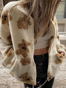 SCARLUX Women Y2K Winter Sherpa Fleece Jacket, Cute Teddy Bear Print Zip Coat, Back To School Daily Commute Christmas Outerwear - Apricot - View 1