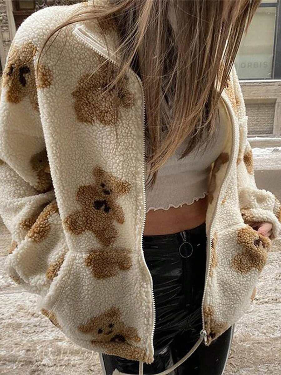 SCARLUX Women Y2K Winter Sherpa Fleece Jacket, Cute Teddy Bear Print Zip Coat, Back To School Daily Commute Christmas Outerwear - Apricot - View 1