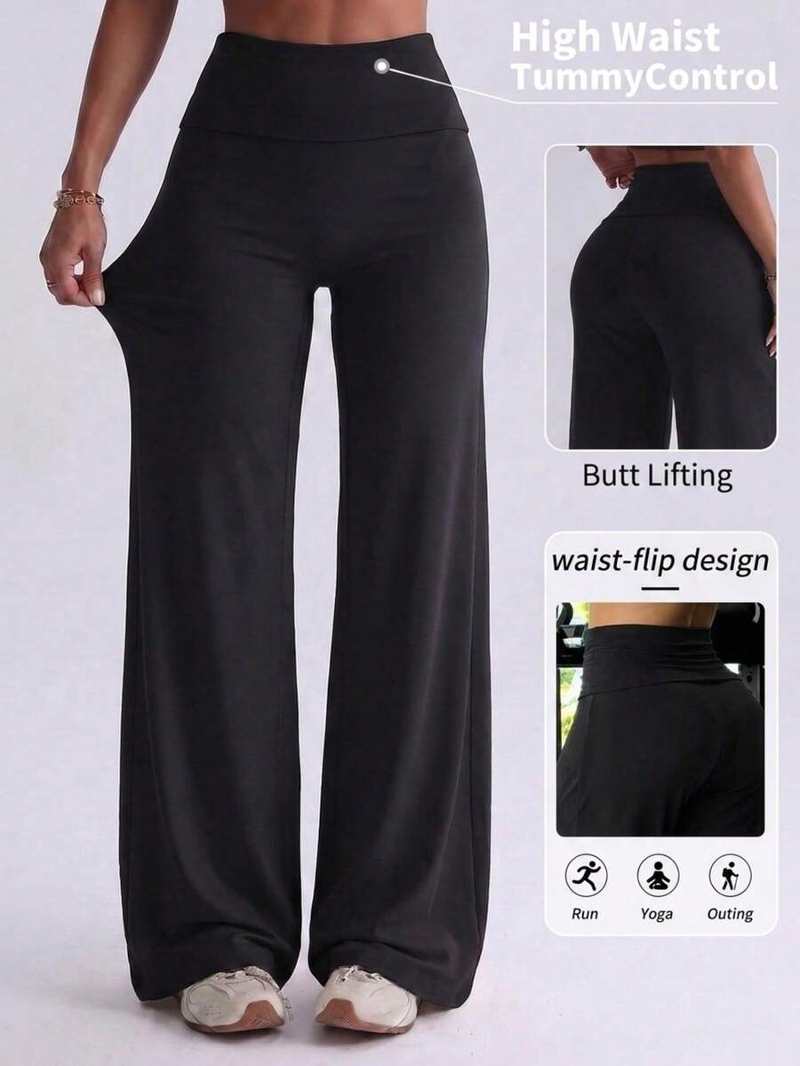 Women's Foldable High Waist Wide Leg Yoga Pants, Tummy Control & Butt Lifting, Soft 4-Way Stretch, Flowy Non-See-Through Fitness Sports Long Pants - Black - View 1