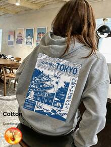 Women's Fleece Hooded Sweatshirt, Japanese Architecture Print, Y2K Style, Autumn/Winter - Flower Gray - View 9