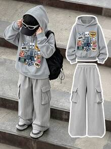 2pcs/Set Pixel Game Street Style Boys Outfit, Retro Pixel Robot Game Print Hoodie + Striped Cargo Pants, Soft Autumn/Winter Streetwear - Grey - View 1