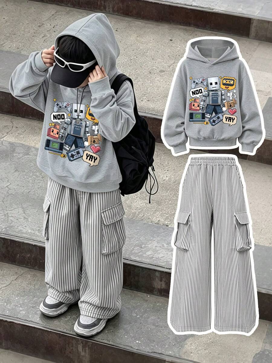 2pcs/Set Pixel Game Street Style Boys Outfit, Retro Pixel Robot Game Print Hoodie + Striped Cargo Pants, Soft Autumn/Winter Streetwear - Grey - View 1