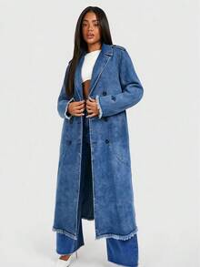 Autumn Winter Versatile Fashion Women's Casual Washed Double-Breasted Denim Jacket - Blue - View 2