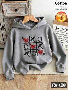 Autumn Winter 3-Piece Girls Fleece Hoodie Set With Heart And Tic-Tac-Toe Prints Y2K - Heather Gray+Heather Gray+Heather Gray - View 4