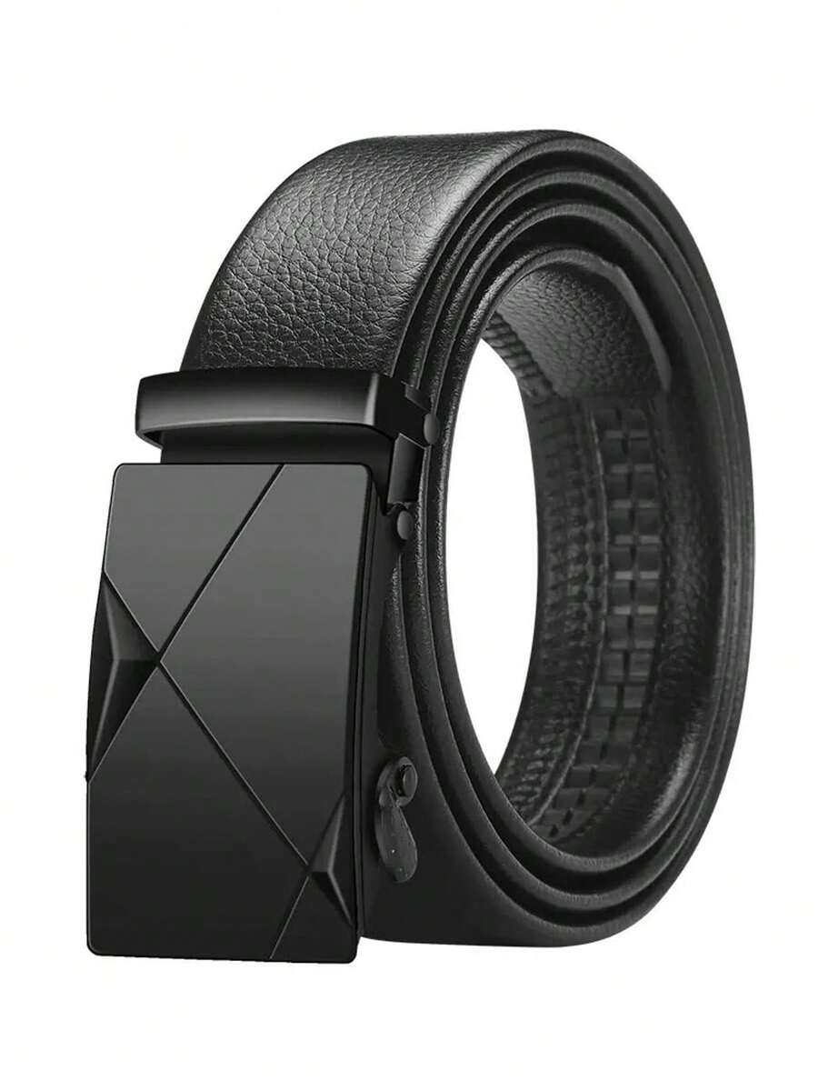 1pc Business Style Geometric Pattern Automatic Buckle Men's PU Belt, Ideal Gift For Husband, Boyfriend, Father - Black - View 1