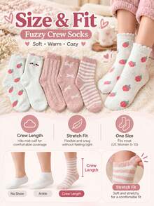 5/10 Pairs Women's Plush Mid-Calf Socks - Cute Strawberry Bow & Striped Pattern, Soft Warm Fuzzy Socks, Comfortable Winter Gift Set - Multicolor - View 6
