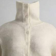 Plus Size Women's Cream Color Button High Neck Ribbed Knit Pullover Sweater Suitable For Autumn/Winter Daily Wear - White - View 6