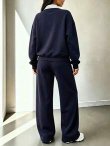 2Pcs Polo Oversized Sweatshirt Relaxed Fit Back To School Autumn Winter Cosy Fall Christmas Cute Casual Everyday Capsule Wardrobe Y2K Streetwear - Navy - View 6