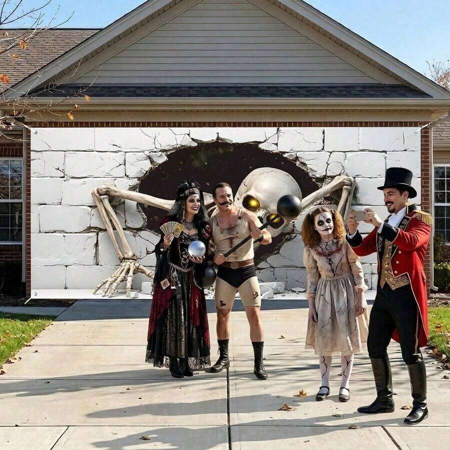 2D Flat 1pc Halloween Skeleton Garage Door Banner Decoration - Giant Scary Skeleton Wall-Breaking Garage Door - Multicolor - View 1