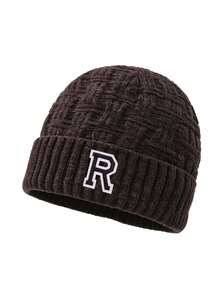 1pc Men's Brown Textured Knit Cuffed Beanie With Gold Trim Letter A--Z Patch, Windproof Warm Winter Outdoor Cap - Brown - View 10