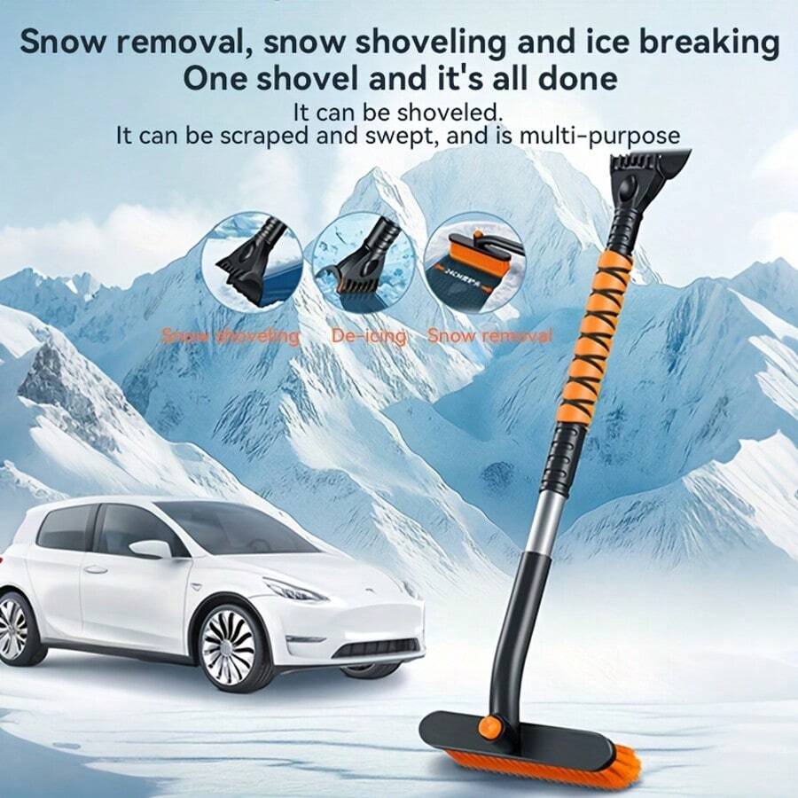 2 In 1 Detachable Telescopic Snow Brush & Ice Scraper, Rotatable Head Car Windshield Snow Remover Tool For Winter Auto Frost, Ice And Snow Clearing, Orange - A - View 1