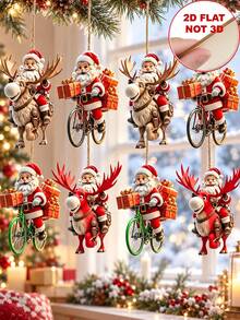 16/12/8/1pc 2D Flat Wooden Santa Claus Decoration, Reindeer Bicycle Santa Claus Hanging Ornament, Waterproof And Shatter-Resistant Christmas Tree Pendant, Santa Claus Reindeer Bicycle Gift Box Pattern, Suitable For Christmas Tree, Wreath, Window, Fireplace, Car Winter Holiday Decoration, New Year Party Gift - Santa Claus - View 4