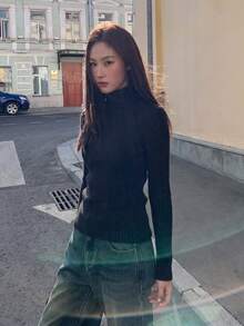 Women's High Neck Long Sleeve Knit Base Layer, Solid Color Slim Fit Innerwear, Autumn/Winter - Black - View 5