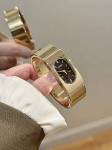1件英式風格女款金色手錶，寬錶帶配棕色橢圓錶盤，適合日常穿著、派對或送禮的時尚選擇 - 金色 - 查看 5