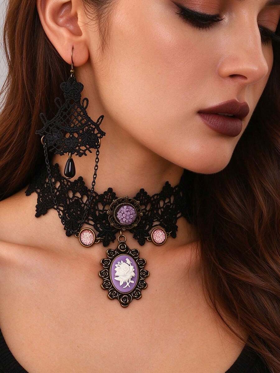 Vintage Gothic Black Lace Choker With Purple Embossed Rose Pendant & Earrings Set For Women, Halloween - Multicolor - View 1