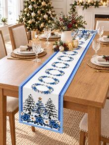 1pc-Christmas Table Runner, Blue White Snowy Christmas Tree Wreath Floral Pattern Table Runner, Winter Xmas New Year Kitchen Table Decoration - Multicolor - View 14