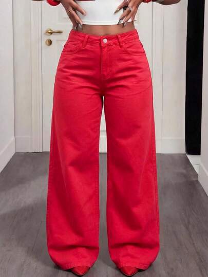 Plus Size Bright Red High Waist Wide Leg Jeans Fall Winter Casual Baggy Y2K Denim Pants For Halloween & Christmas Party