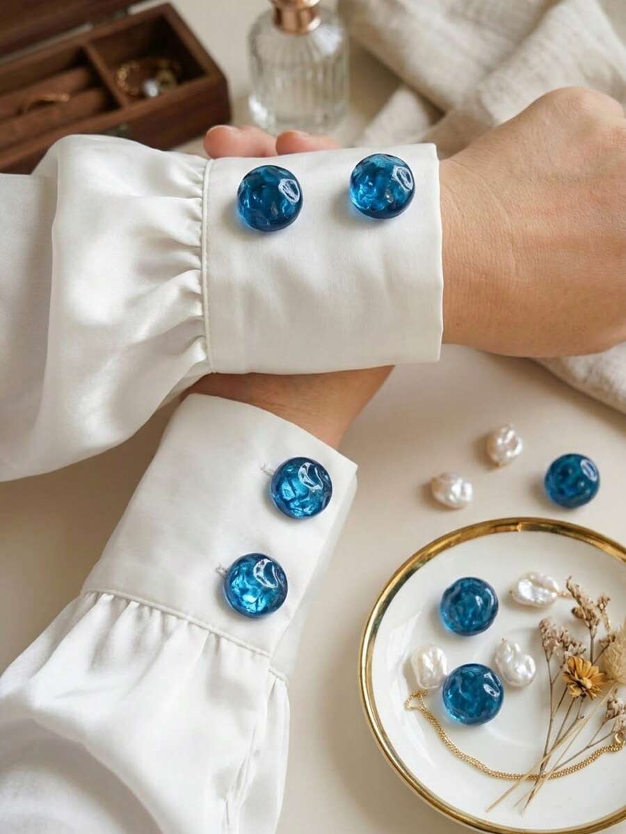6/2/1pc Colorful Glass Pebble Button Covers For Shirts Women Iridescent Round Shirt Cuff Button Caps Clip-On Cufflinks Elegant Clothing Accessories - Multicolor-sapphire Cufflinks - View 1