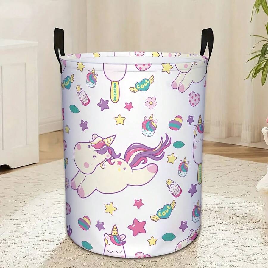 Cartoon Unicorn Print Laundry Basket, Foldable Storage Bin With Handle, Large Dirty Clothes Bucket And Toy Storage For Girl's Room - Multicolor - View 1