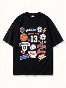 Men Retro Sports Sticker Graphic Tee, Basketball Soccer Baseball Number Star Checker Print Crew Neck Loose Short Sleeve T‑Shirt - Black - View 9