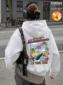 Women's Fleece Hooded Sweatshirt, Printed With Republica Dominicana Text, Flamingo, Palm Tree, Beach And Whale Pattern, Y2K Style, Autumn/Winter - White - View 2