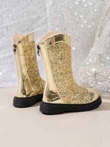 1 Pair Girls' Glitter Western Mid-Calf Boots, Stage Performance, Fashion Show, Christmas, Party, Princess Boots! - Gold - View 7