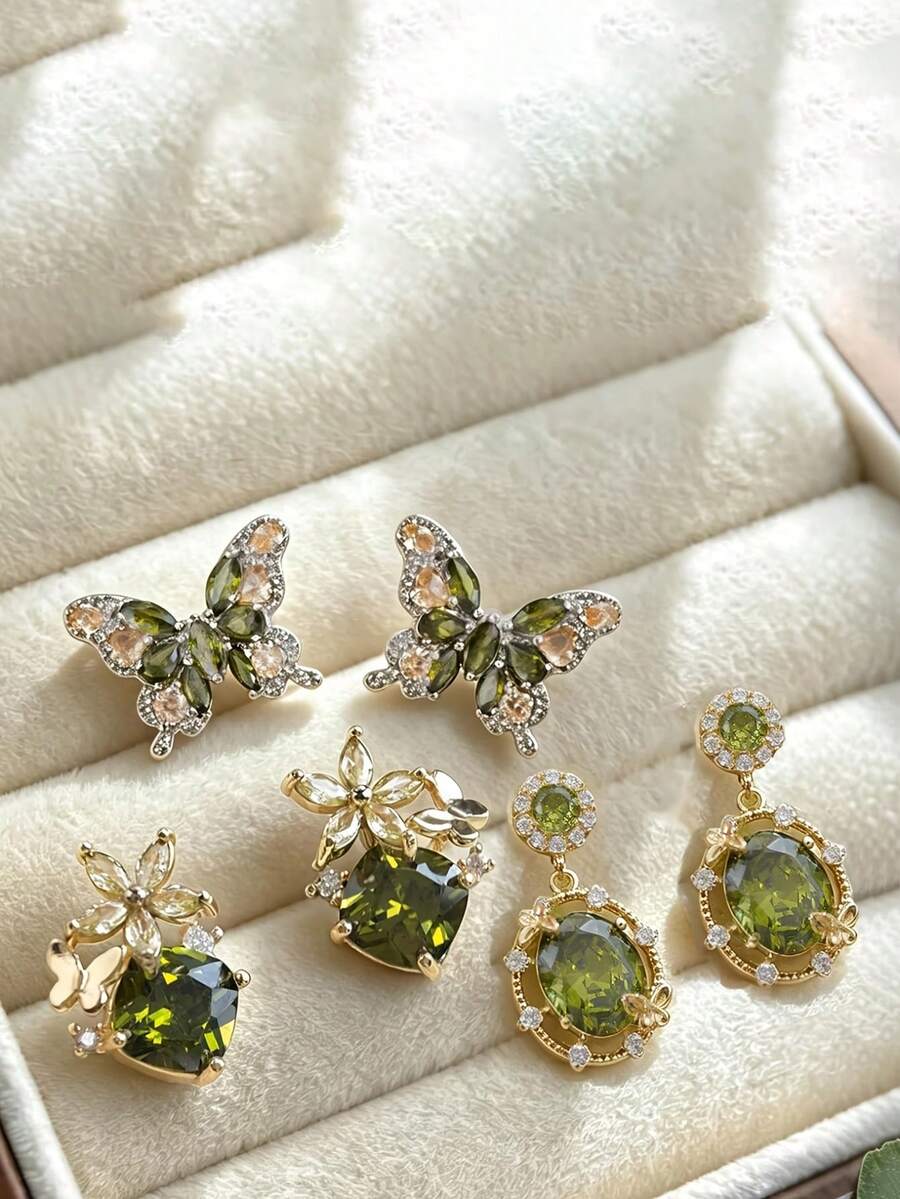 1 Pair Vintage Super Shiny Olive Green Round Hollow Stud Earrings, Suitable For Casual, Daily, Party Wear - Green B - View 1