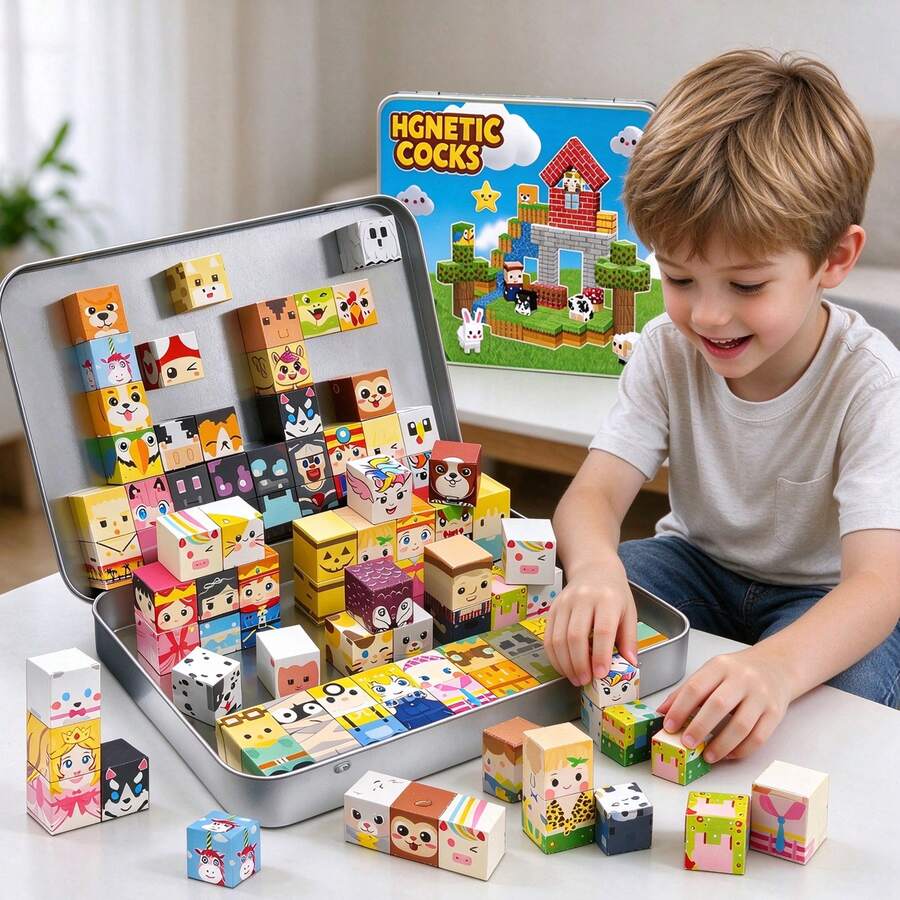 54/60pcs Cartoon Animal Magnetic Building Blocks With Iron Box, Magnetic Stacking Blocks, Sensory Montessori Toy, Suitable For Boys And Girls Aged 3+ - Multicolor - View 1
