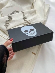 Cool Punk Style White Skull Print Square Box Bag, Metal Chain Shoulder Crossbody Small Bag, Dark Style Cos Personalized Holiday Party Clutch Evening Bag - Black - View 6