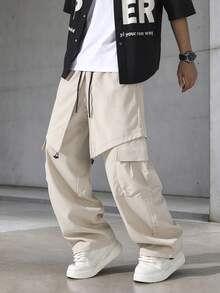 American Street Style Star Embroidered Men's 2-In-1 Drawstring Cargo Wide Leg Casual Pants - Apricot - View 1