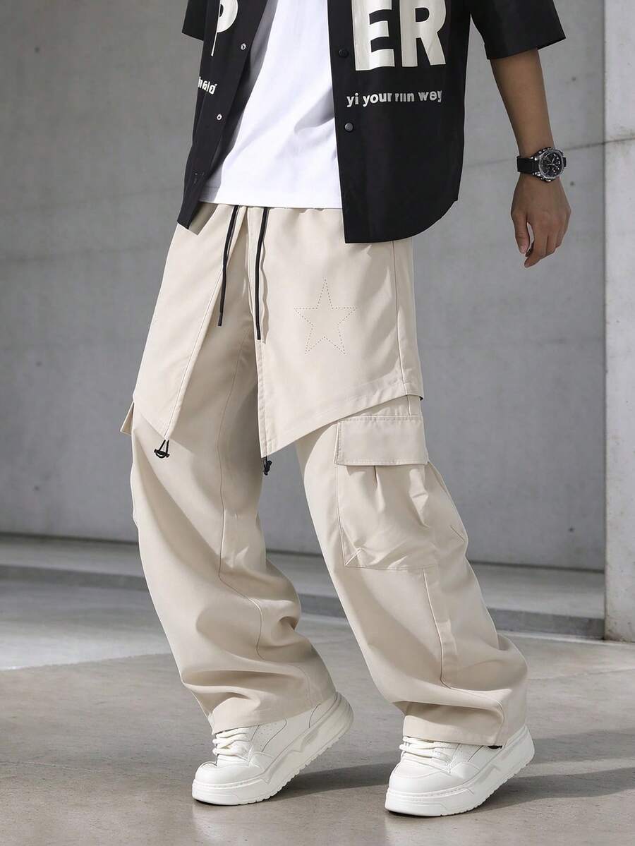 American Street Style Star Embroidered Men's 2-In-1 Drawstring Cargo Wide Leg Casual Pants - Apricot - View 1