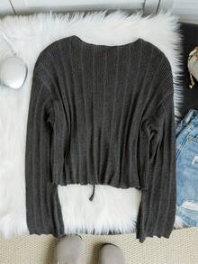 Design Drawstring Ruched Short Knit Top, Grey Ribbed Long Sleeve Waist-Cinched Slimming Top For Women - Dark Grey - View 8