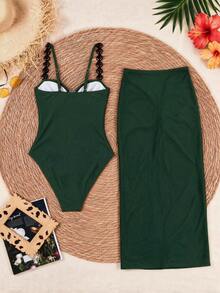 Sexy Style White Spaghetti Strap Two-Piece Swimsuit Women Back Tie Design High Waist Triangle Bikini - Green - View 3