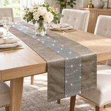 FLYINGCURTAINS Luxury Velvet Table Runner With Rhinestone Stripe, Sparkly Silver Diamante Table Runner For Wedding Dining Table Home Party Decor - Khaki - View 6