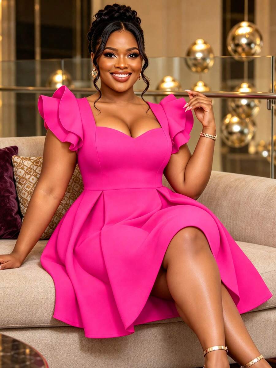Elegant Plus Size Fuchsia A Line Dress Sweetheart Neck Ruffle Sleeve Fit And Flare Knee Length Dress For Formal Evening Party Wedding Guest
