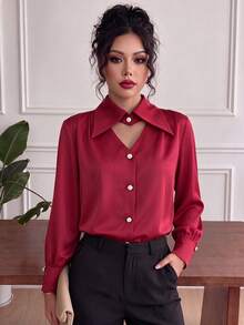 Women's New INS Style Solid Color V-Neck Hollow Out Elegant Mature Office Commute Travel Vacation Shopping Photo-Ready Design Blouse - Red - View 1