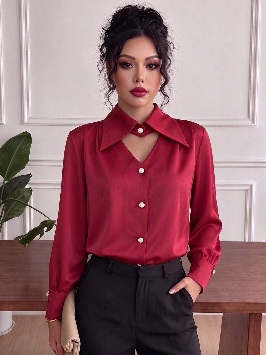Women's New INS Style Solid Color V-Neck Hollow Out Elegant Mature Office Commute Travel Vacation Shopping Photo-Ready Design Blouse - Red - View 1