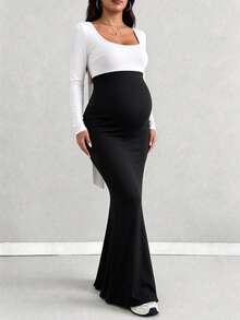 Parara Elegant Maternity Long Fitted Dress, Square Neck Long Sleeve, Medium Stretch Two-Tone Formal Style - Black and White - View 3