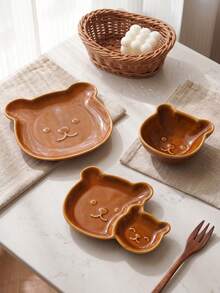 1pc Bear Ceramic Plate, Brown Dual-Compartment Bear Plate, Exquisite, Suitable For Home Decor Tableware, French Fries Fried Chicken Dipping Sauce Plate, Gift, Holiday Decoration - Multicolor - View 2