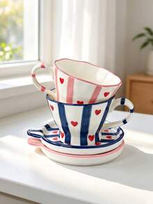 1set Heart Striped Ceramic Coffee Mug With Saucer Set, Hand Painted Red Heart & Stripe Latte Cup, Aesthetic Breakfast Tea Cup, Cute Home Kitchen Drinkware Gift - Multicolor - View 10