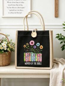 Christian Themed Tote Bag, Flower Book Letter Pattern, Reusable Dual Handle Shoulder Bag, Large Capacity, Perfect Easter & Christmas Gift For Women - Multicolor - View 10