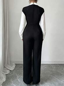 Fashionable Women's Woven Fabric Jumpsuit, Long Sleeve With Collar, Elegant Wide Leg Design, Suitable For All Seasons, No Belt - Black - View 11