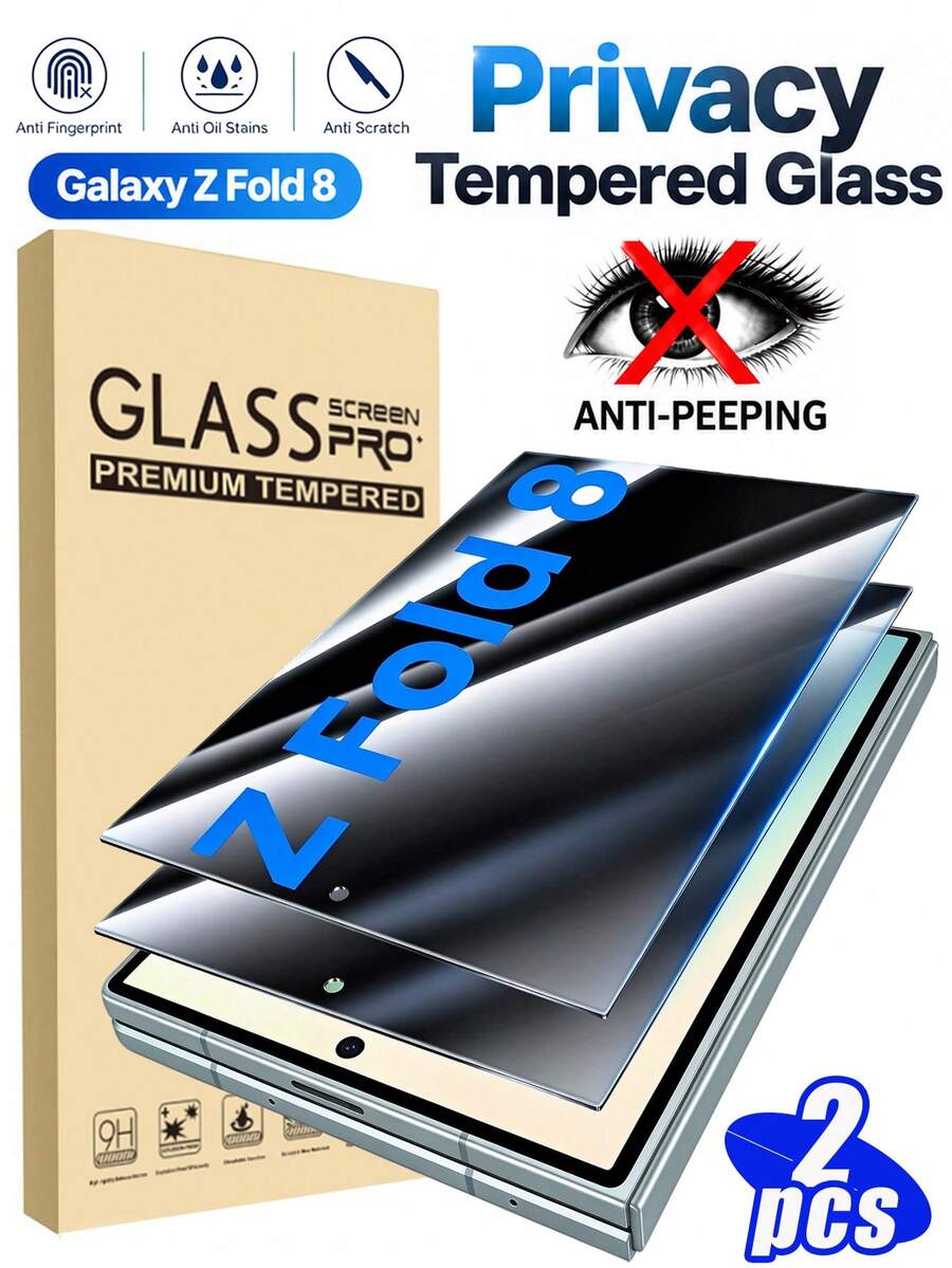 2 قطعة [2026 جديد] فيلم حماية شاشة زجاج مقسى 9H للخصوصية ل- Galaxy Z Fold 8/Z Fold 7/Z Fold 6/Z Fold 5/Z Fold 8 Ultra، حامي خصوصية الشاشة الخارجية، تغطية كاملة ثلاثية الأبعاد، شفاف عالي الدقة مضاد للتجسس ومضاد للخدش، تركيب سهل بدون فقاعات، متوافق مع بطانية الهاتف - الأسود - مشاهدة 1