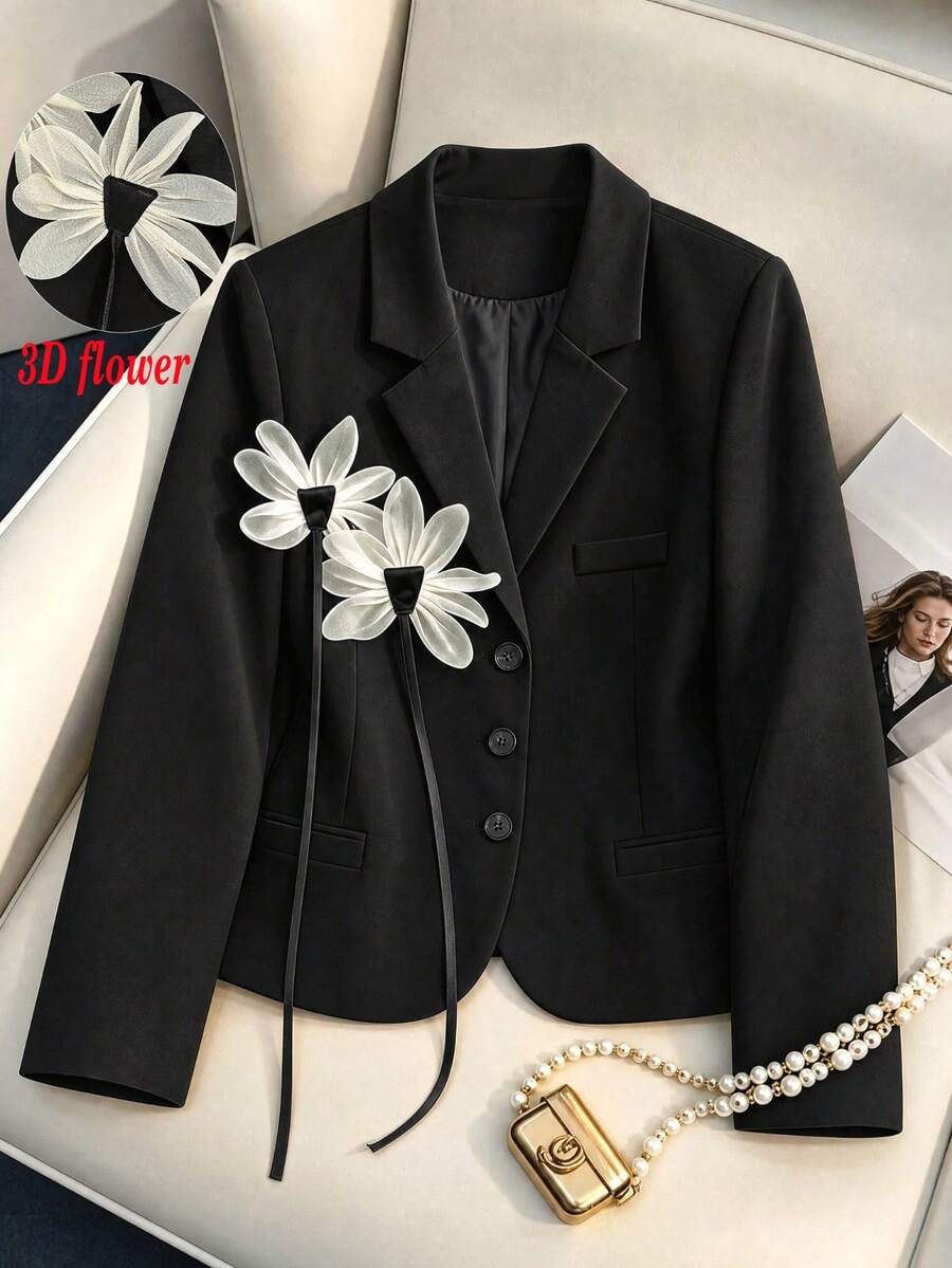 Women's Spring/Autumn Office Daily High-Quality Lined Design-Driven 3D Applique Decor Short Single-Breasted Long Sleeve Blazer - Black - View 1